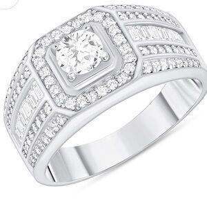New 12mm Silver 925 Rhodium Plated Cubic Zirconia Men's Ring